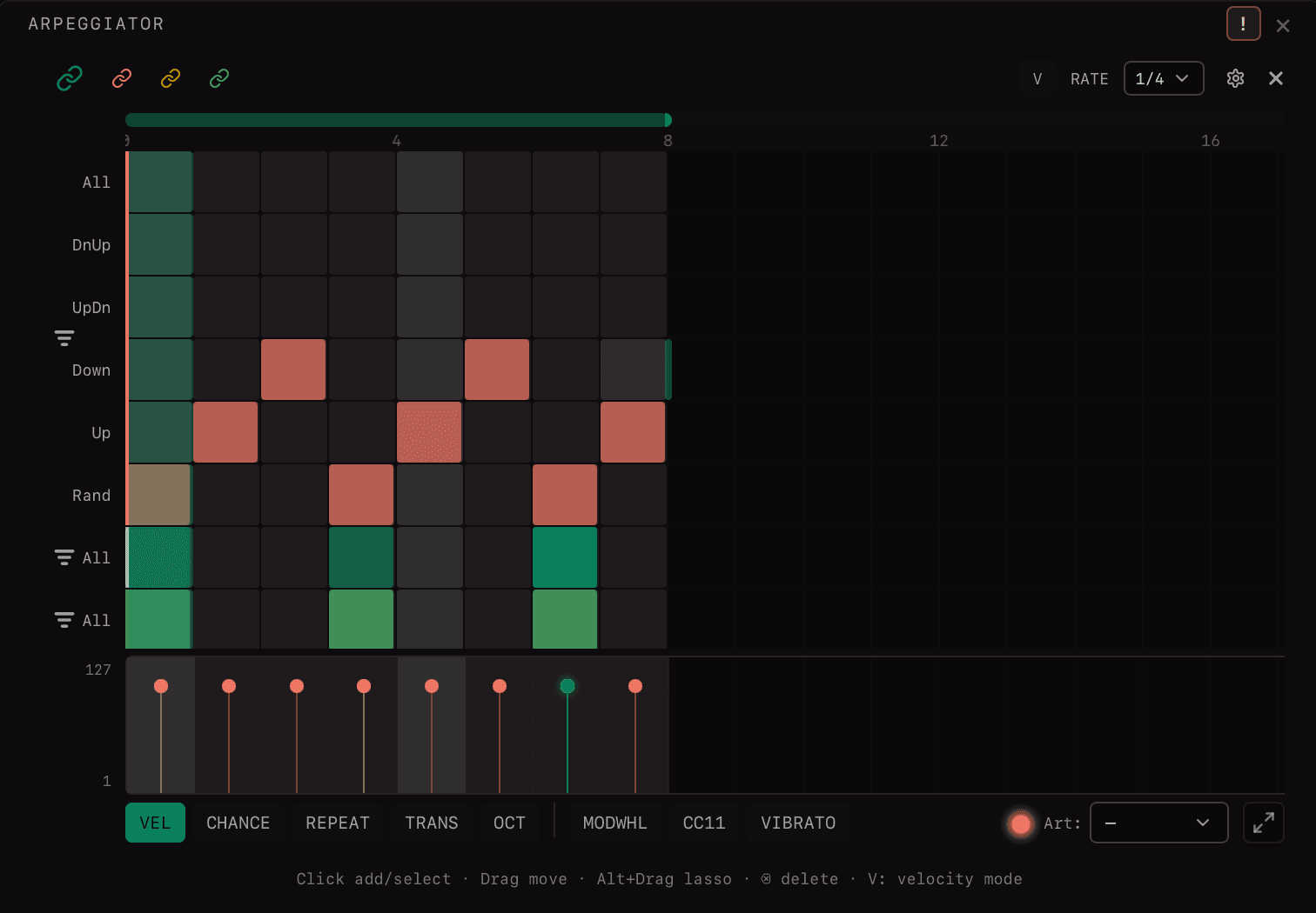 Multiple linked arpeggiators showing coordinated patterns with velocity display