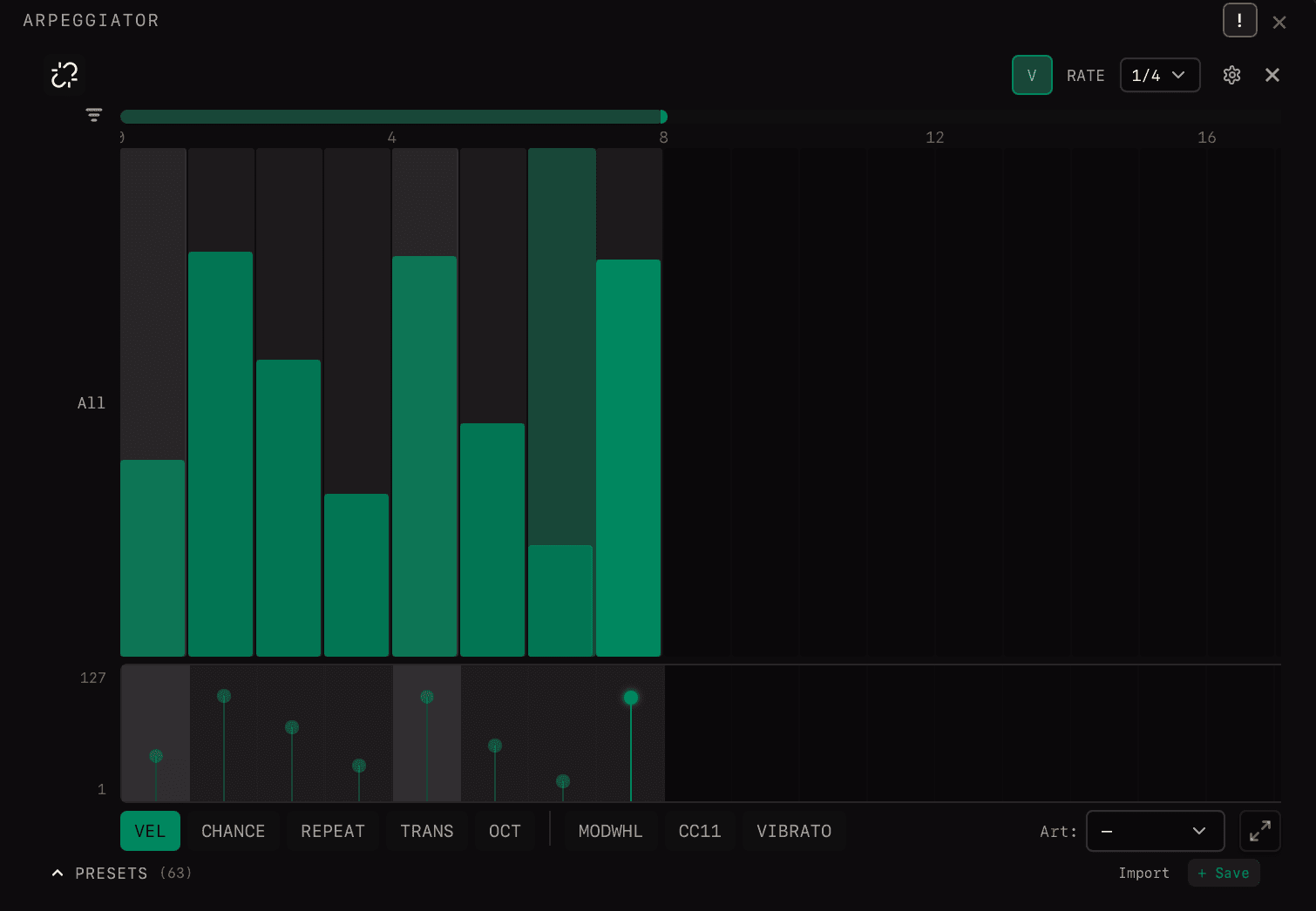 Arpeggiator in velocity mode showing velocity values on each step