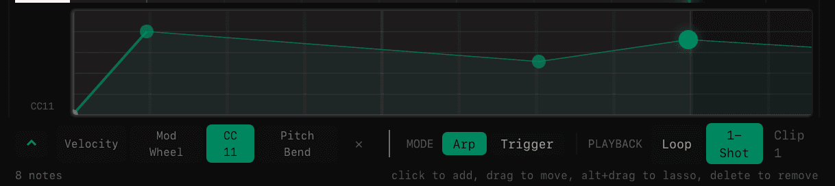 CC automation curve editor with editable nodes