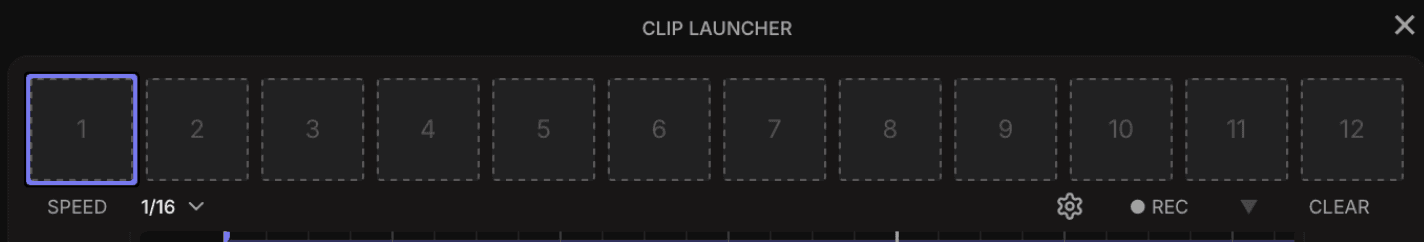 Clip launcher row with 12 clip slots and an active slot indicator