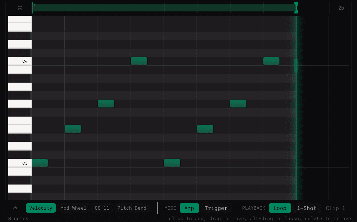 Piano roll editor showing MIDI notes with velocity bars
