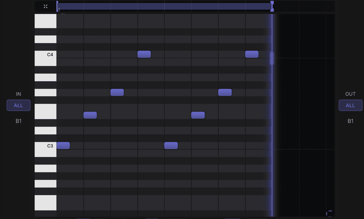 Piano roll editor with editable notes, velocity lane, and clip length controls