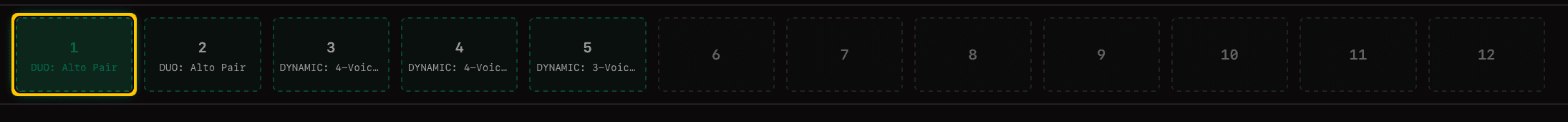 Keyswitch bar showing 12 slots with orchestration names