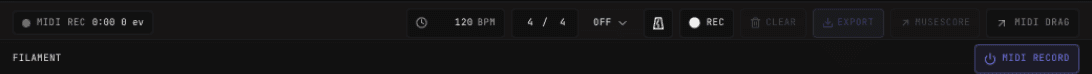 Footer MIDI recording controls with tempo, time signature, metronome, record, clear, export, MuseScore, and MIDI drag controls