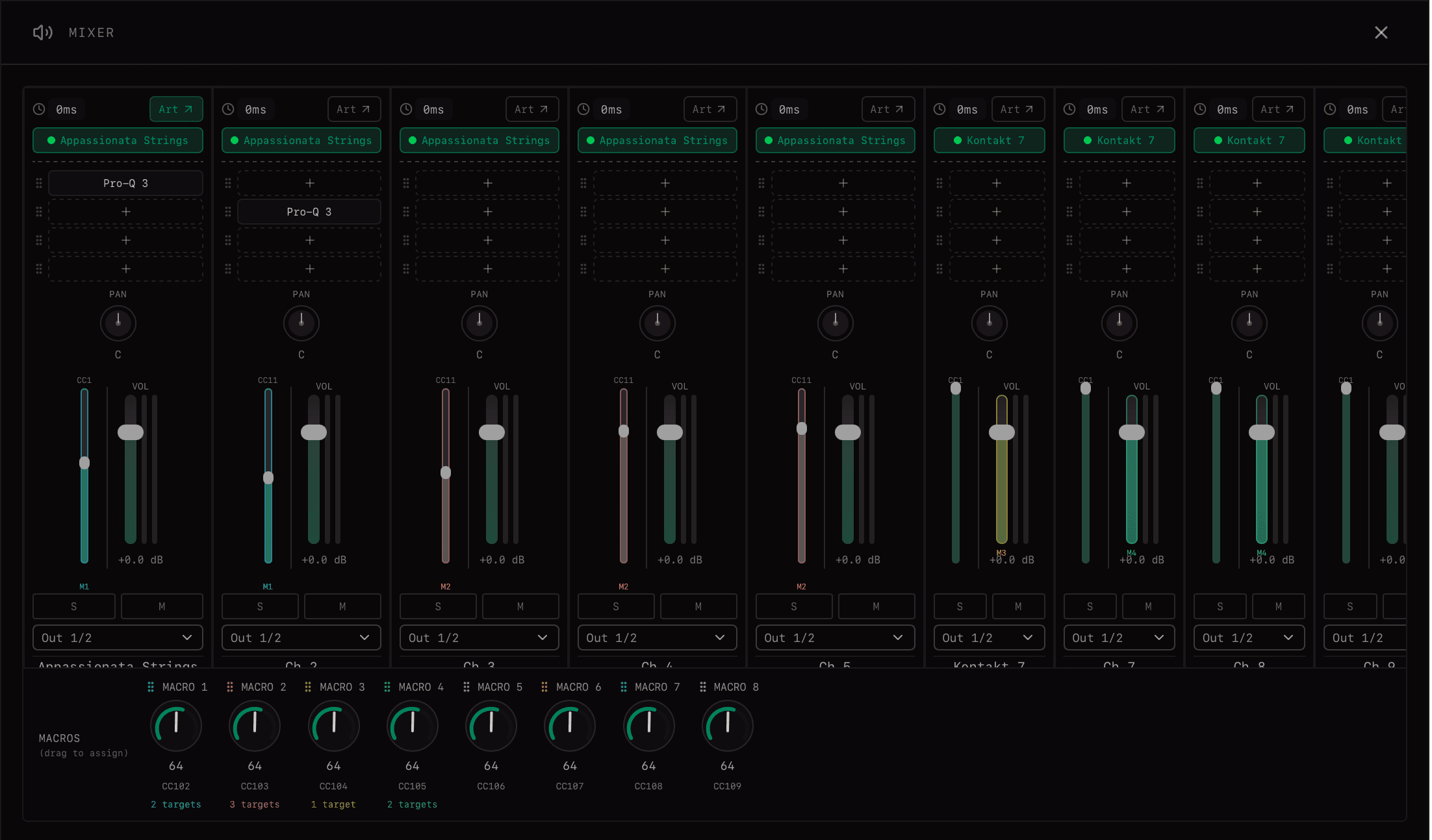 Mixer view showing multiple channels with instruments, effects, volume, pan, and macro controls