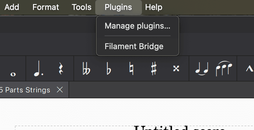MuseScore Plugins menu showing the Filament Bridge command