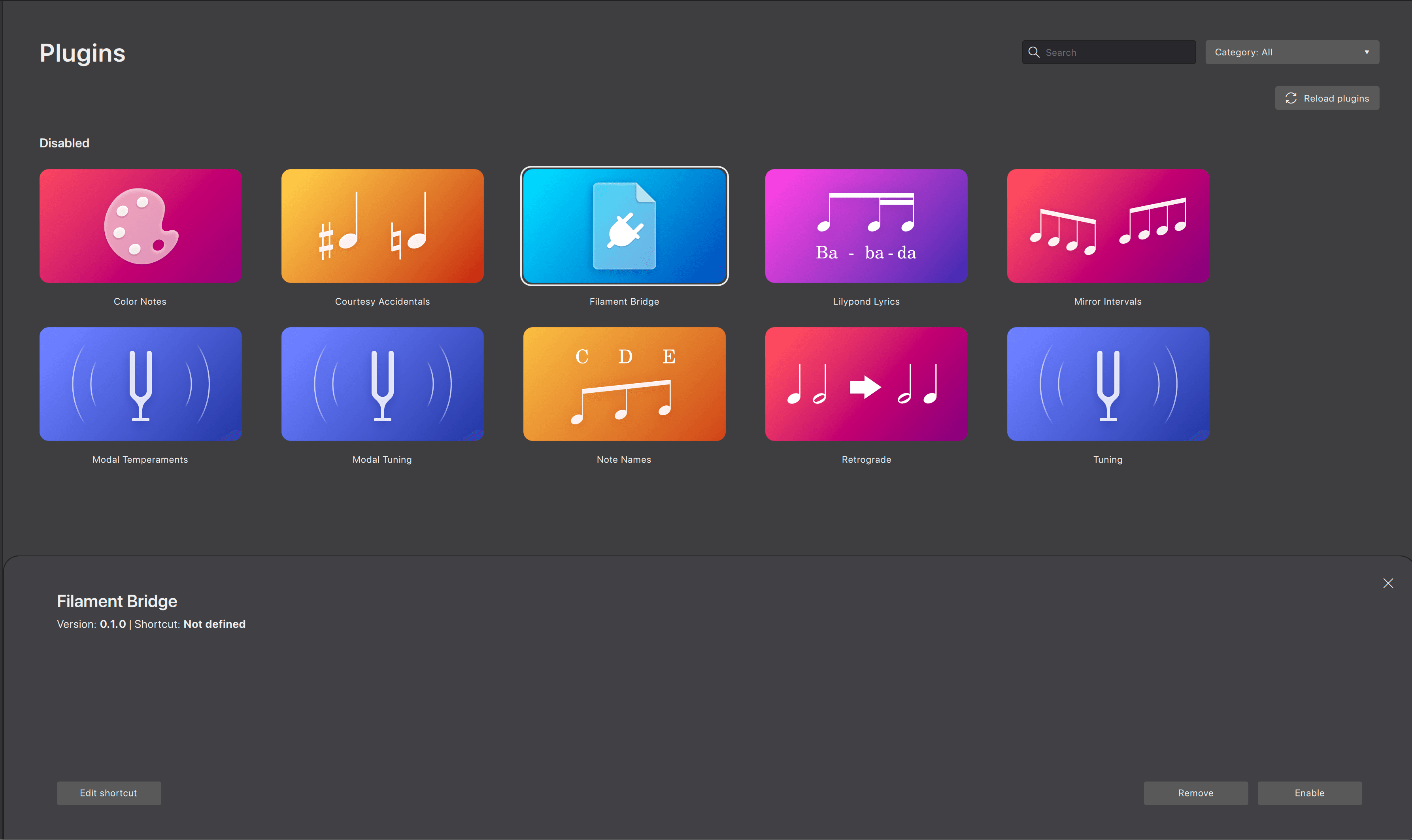 MuseScore plugins window showing the Filament Bridge plugin selected