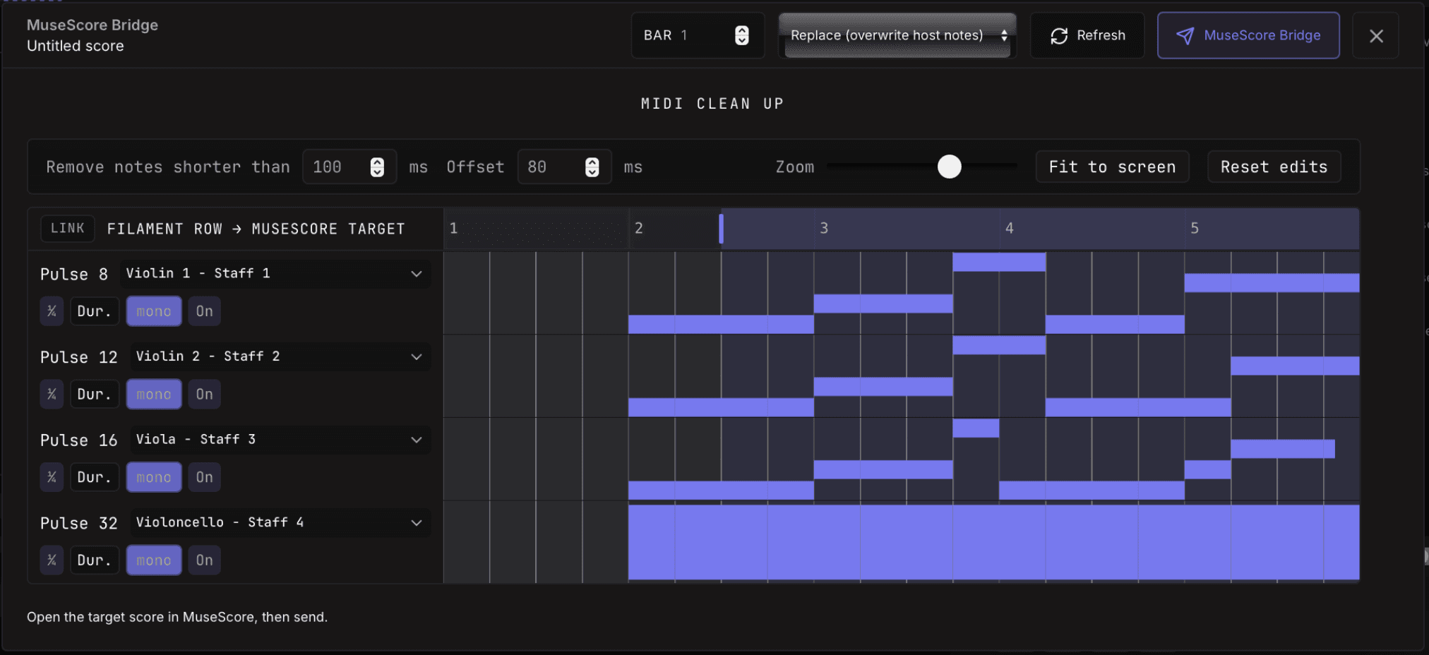 MuseScore Bridge panel showing recorded parts, cleanup controls, staff mapping, and the send button
