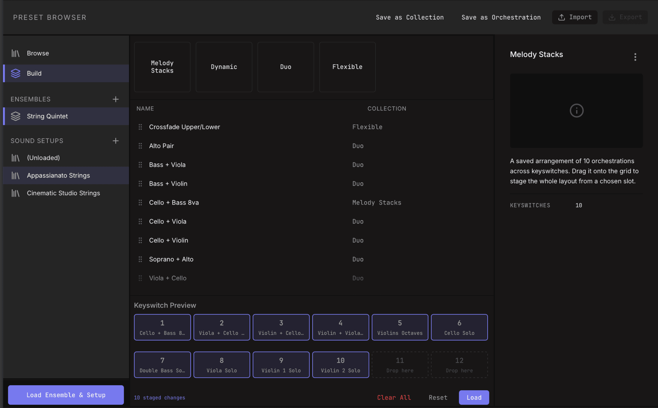 Build tab showing Ensembles, Sound Setups, Orchestrations, Collections, and keyswitch preview