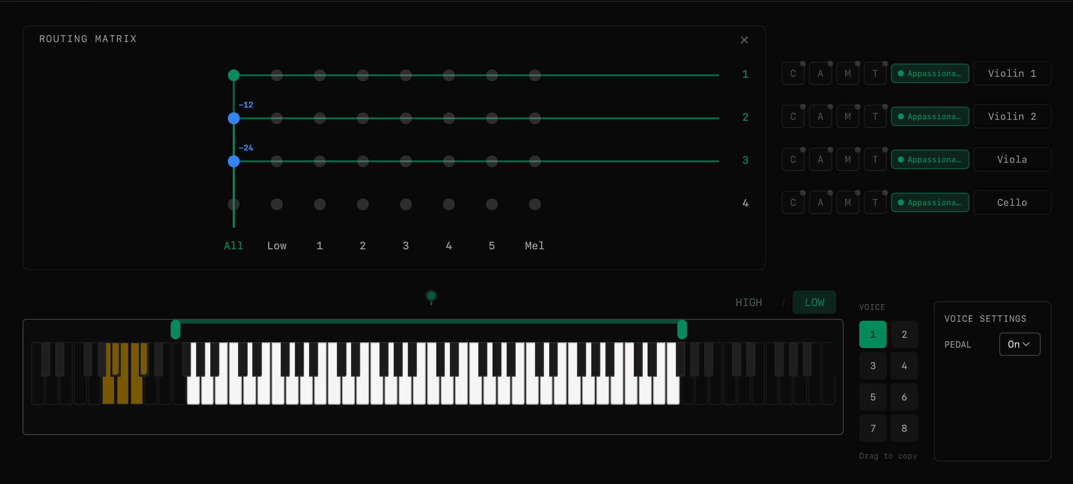 Routing matrix with octave doubling - single input connected to three outputs with -12 and -24 semitone transpositions