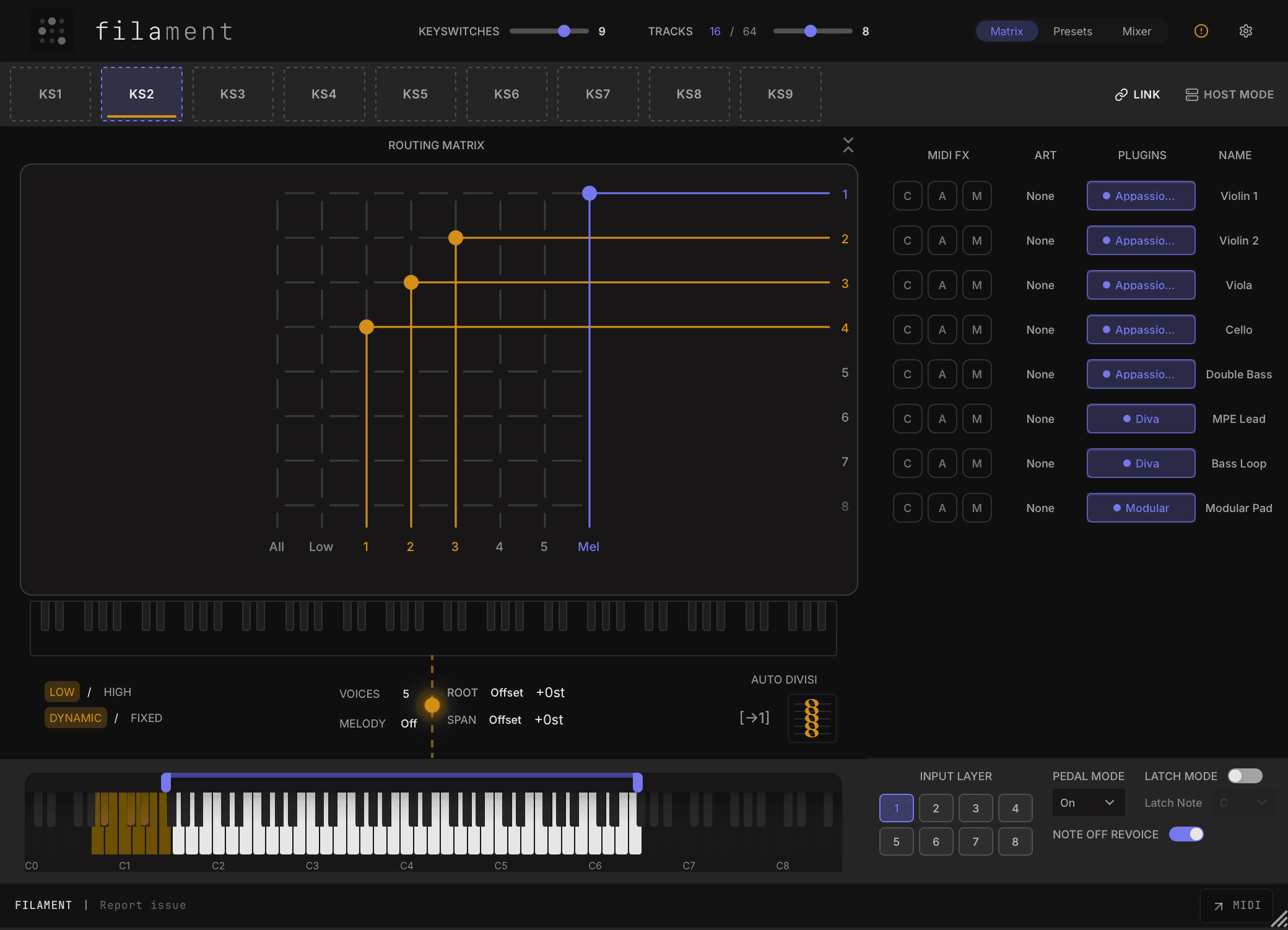 Filament 1.2 interface showing the routing matrix, hosted instruments, Auto Divisi and per-layer controls