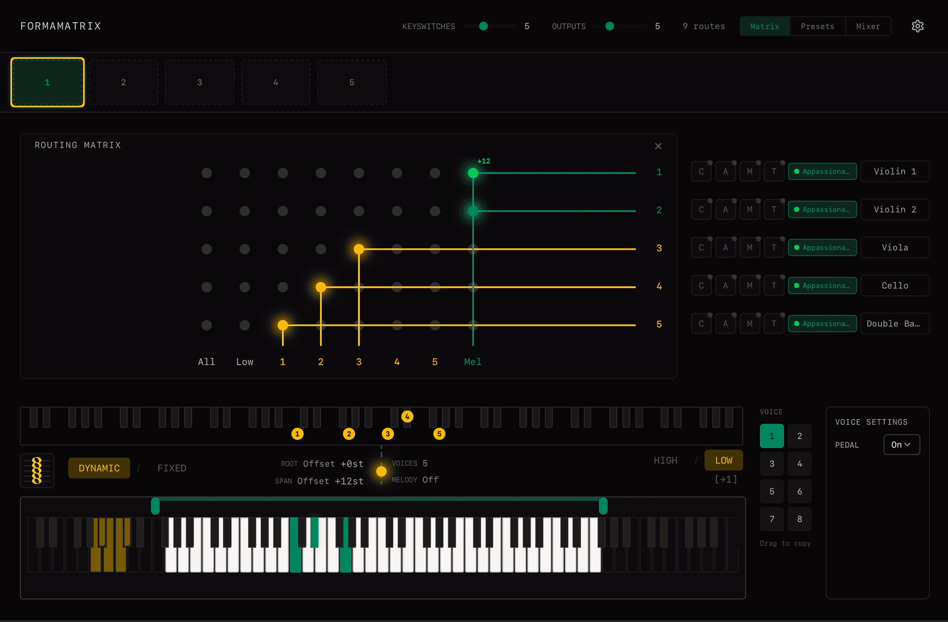 Filament - Full plugin interface showing the routing matrix, arpeggiator, and voicing controls