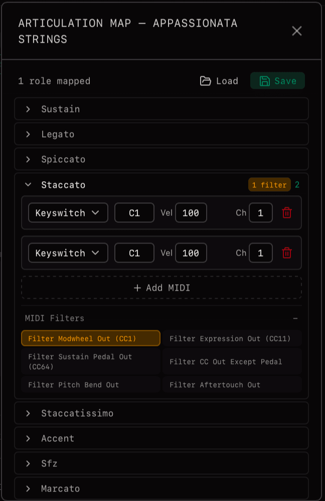 Articulation map configuration panel