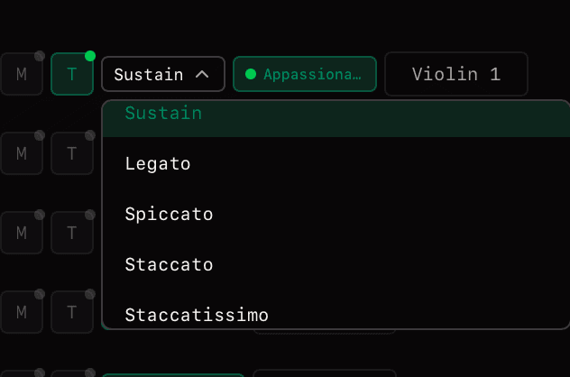 Articulation roles dropdown showing Sustain, Legato, Spiccato, Staccato options