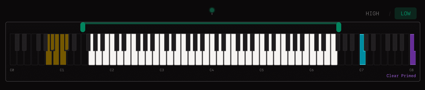 Smart Filter Off - keyboard showing direct note mapping with LOW mode