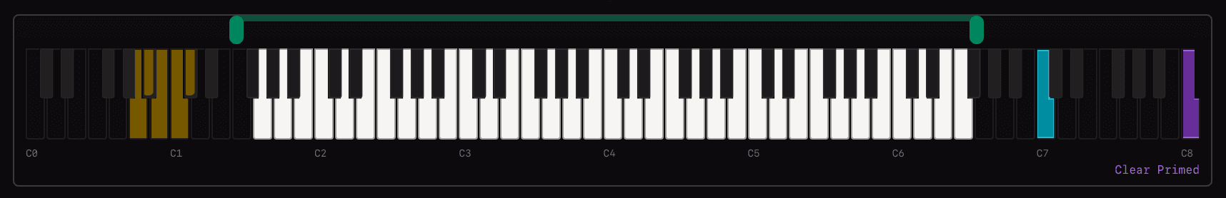 Keyboard showing key range with boundaries marked and fade zones at edges