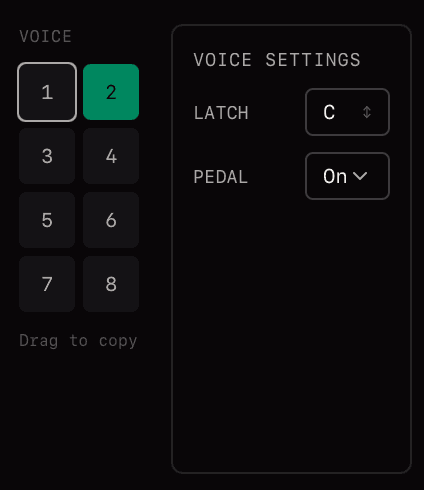 Voice layers panel showing 8 voice layer tabs with settings for latch and pedal